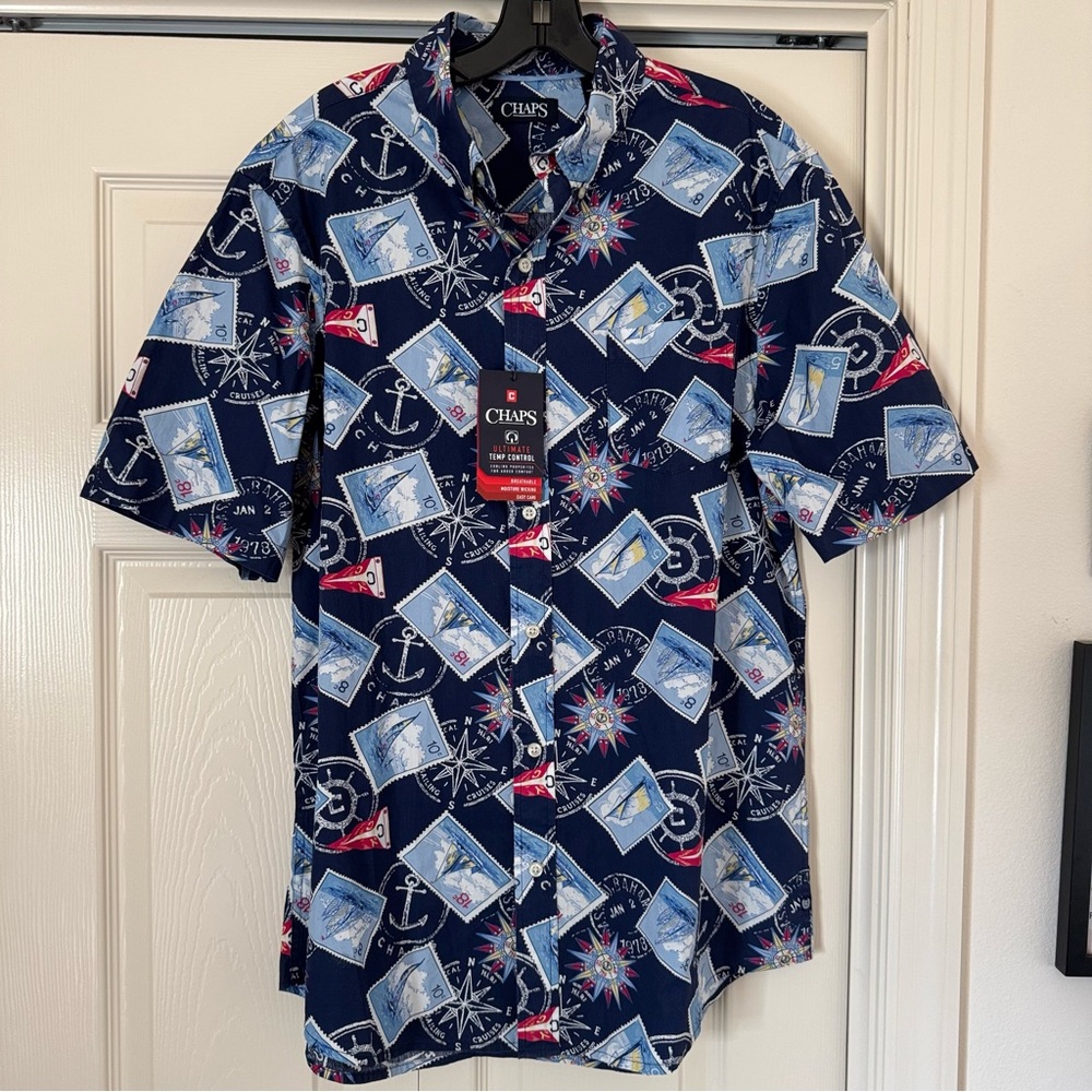 NWT Chaps Mens Size L Hawaiian Shirt Postage Stamps Cruise SailBoat SHORT SLEEVE
